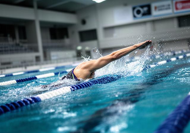 兵庫県内の屋内プールでフォームを確認しながら泳ぐ水泳選手